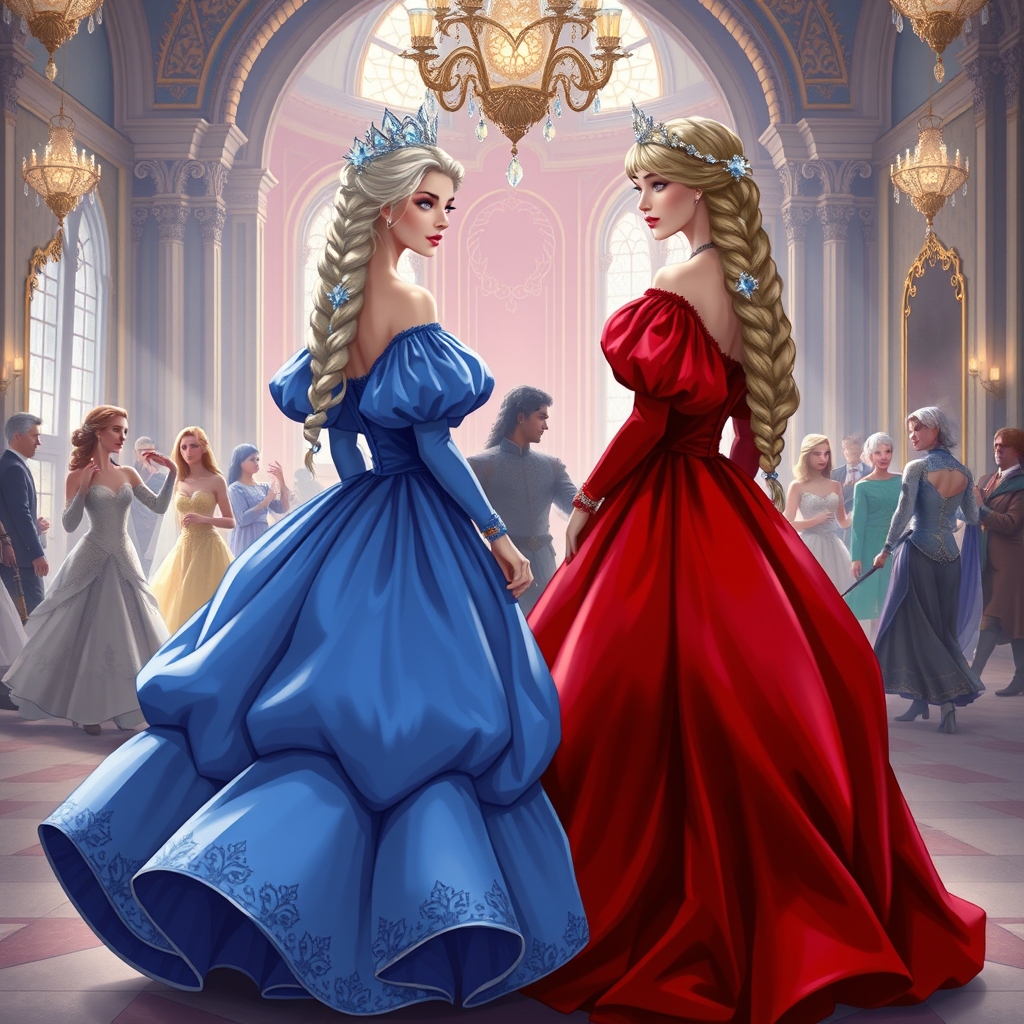 دو ملکه لباسی پف دار و مخملی پوشیدن یکیشان قرمز و دیگری آبی پوشیده است موهایی بلند بافته شده که با نگین هایه یخی پوشیده شده که در سالنی از قصری زیبا ایستاده تند که دیگران درحال رقصیدن هستند
7