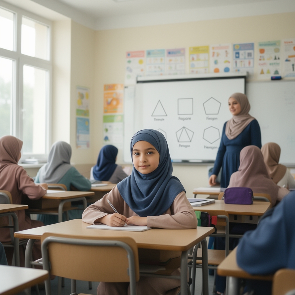 یک دختر با حجاب در کلاس ریاضی
و همکلاسی هایشو معلمش که بر روی تخته ی وایت برد چند ضلعی های منتظم کشیده شده است
فقط دختران در کلاس هستند و همه با حجاب هستند حتی معلم4