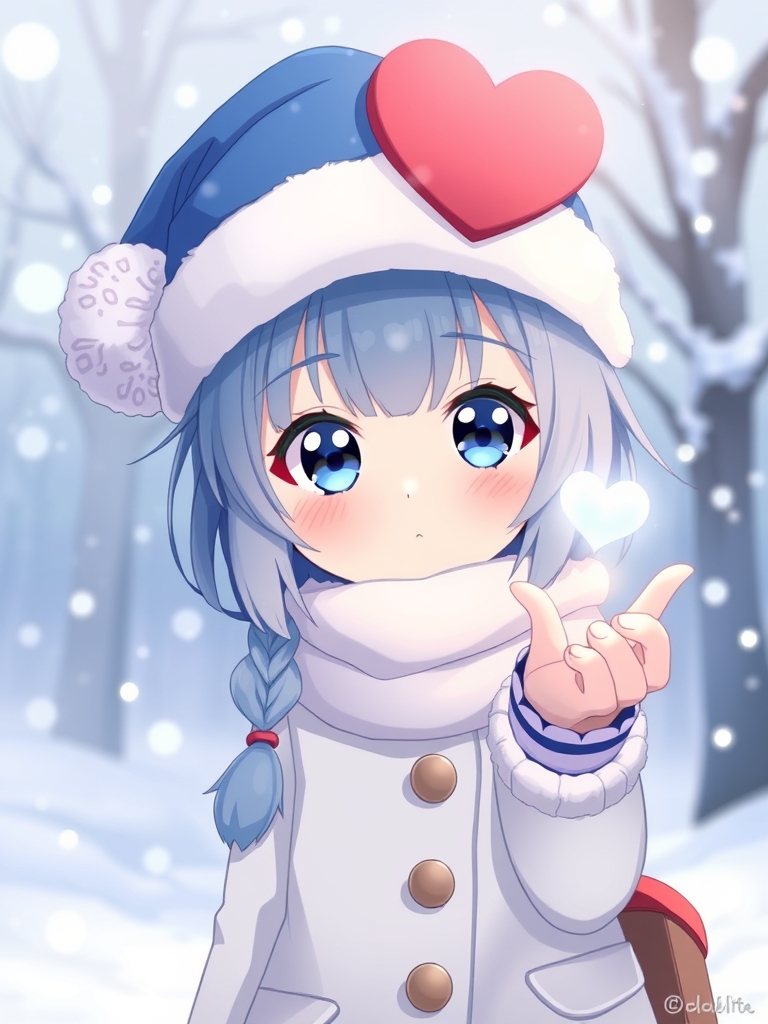 دختری که موهاش آبیه و چشاش آبیه و پوست سفید داره و کلاه آبی خیلی زیبا داره زمستانی و در هوای برفی است و ۱ گلوله قلب برفی دستش است و لباسش هم سفید است زمستانیه16