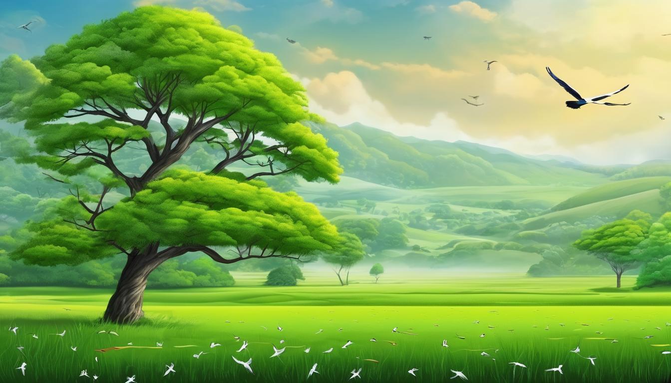 یه دشت بزرگ و زیبا که پرنده ها پرداز می کنند و درختان سر سبز زیبا وجود دارد 16