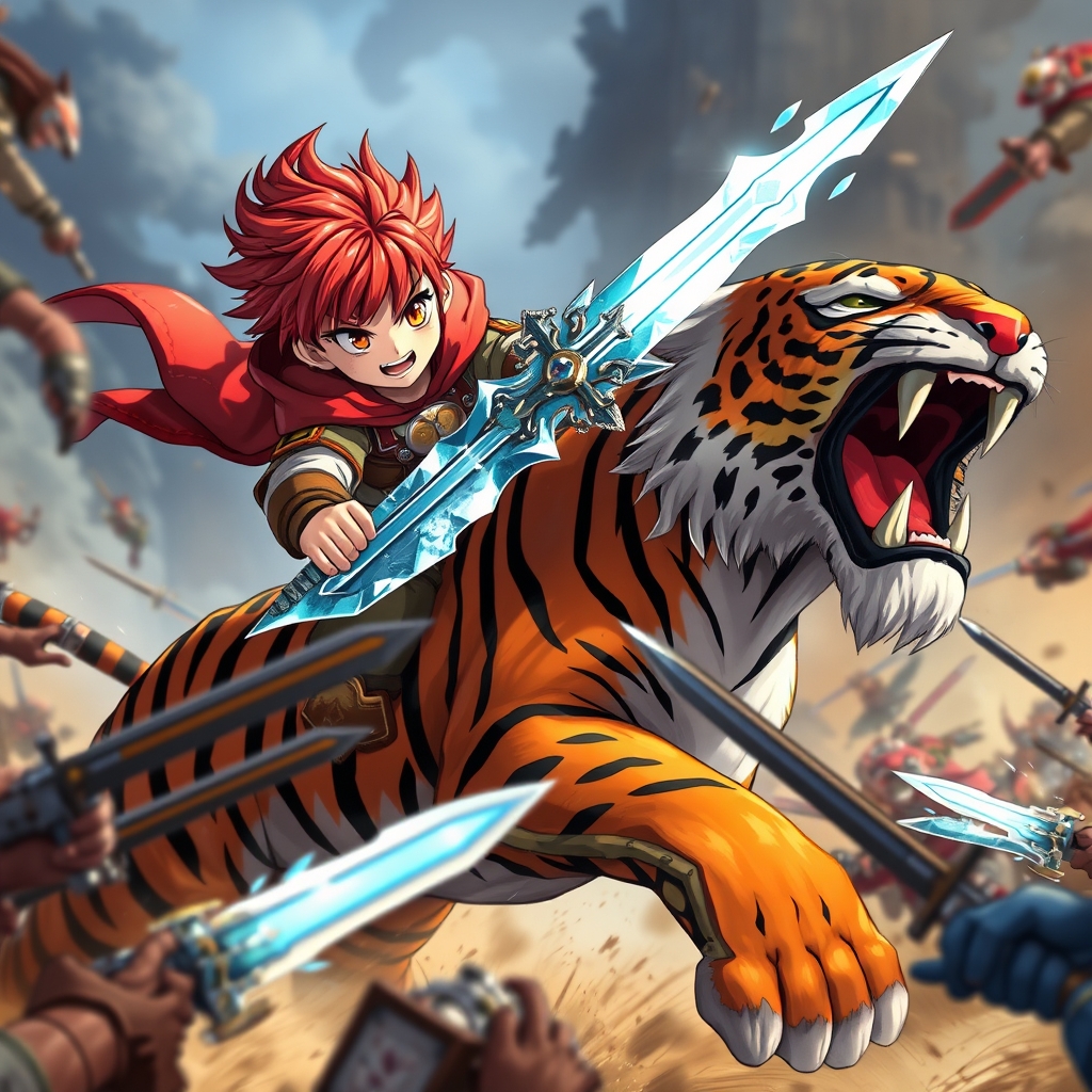 یک پسر جنگجو در وسط میدان جنگ است و یک شمشیر یخی در دست و مو های قرمز دارد و با لباس ببری و روی یک ببر باشد  و زانبی بهش حمله می کنند18