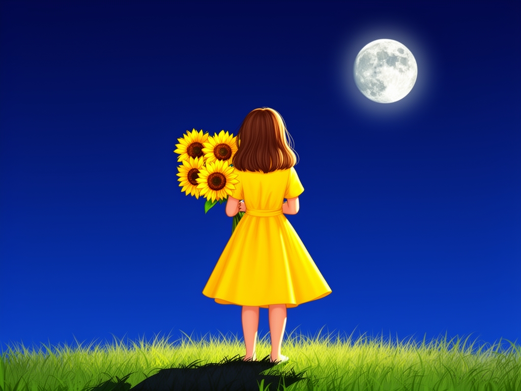 دختری زیبا با موهایی تا شانه اش که پشتش به دوربین است و زرد پوشیده است و دسته گلی از افتاب گردان در دست دارد و ماه را تماشا می کند .و این دختر نوجوان است
0