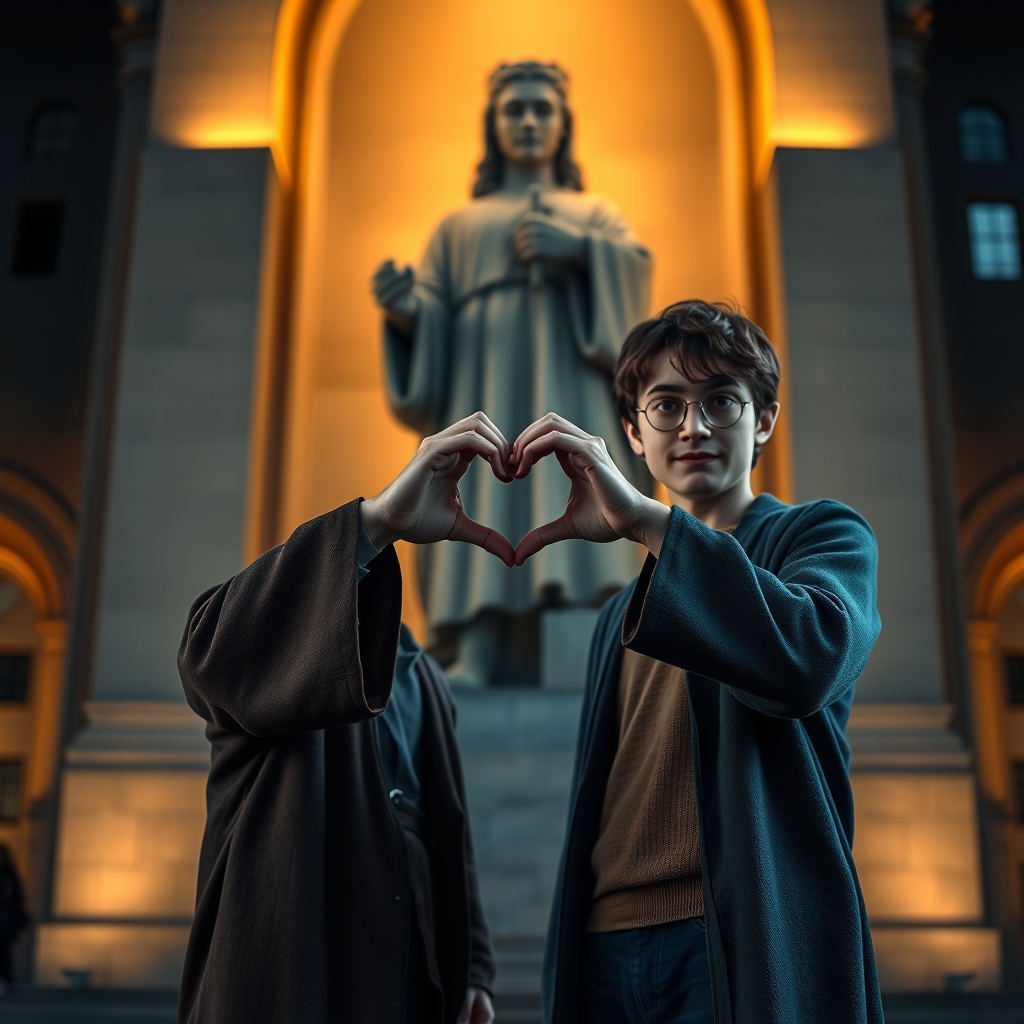 عکس ونزدی و هری پاتر که با دستشان قلب درست کرده آمد و جلوی مجسمه یک مدرسه هستند🥹🩵👩❤️👩🌩️0