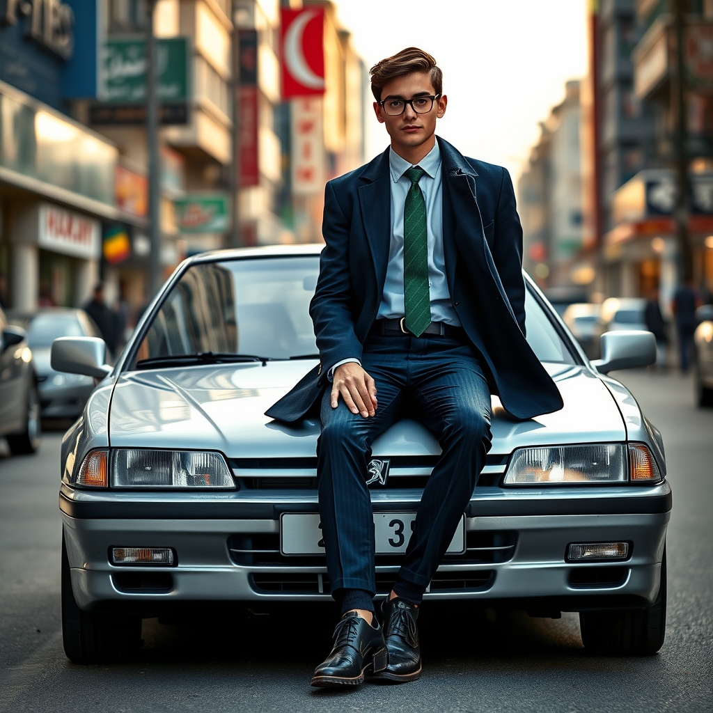 یک پژو ۴۰۵ در تهران یک فرد رویش نشسته ژو ۴۰۵ نقرهای باشه چراغهای جلو دوبل باشه هشکن داشته باشه اسپرت باشه و یک پسر جوان نشسته باشه روی کاپوت با کت شلوار کت شلوار ۶ دکمه با رنگ آبی با کراوات سبز و پالتو در دوش و یک عینک نازک بر چشم2