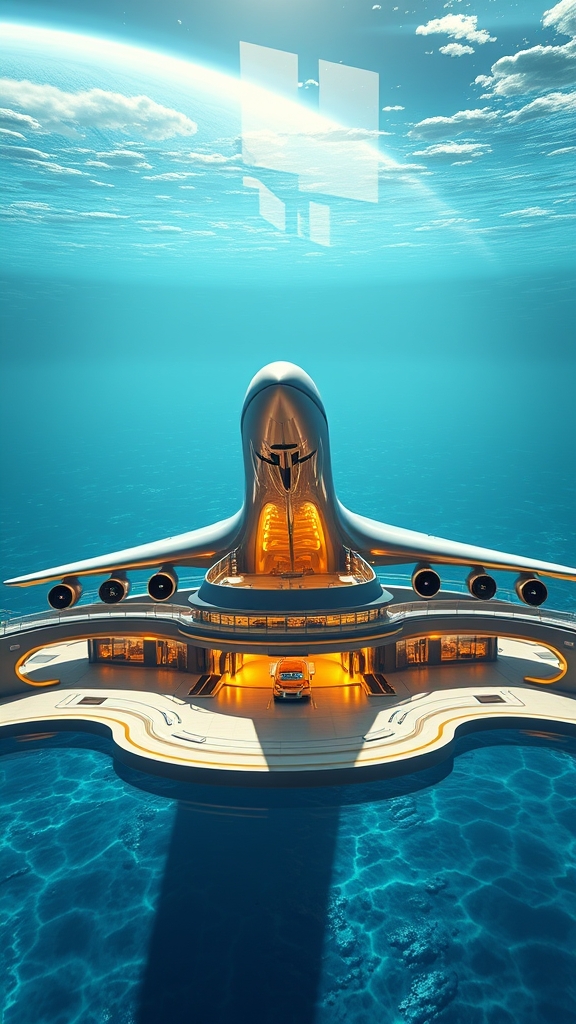 فرودگاه پیشرفته آینده با هواپیمای ۳طبقه کنکورد دارای بالکن حفاظت شده با شیشه های سکوریت غول پیکر دیجیتال سوپر لاکچری به رنگ سرمه ای طلایی متالیک زیر اقیانوس با آب زلال در سیاره زحل 5