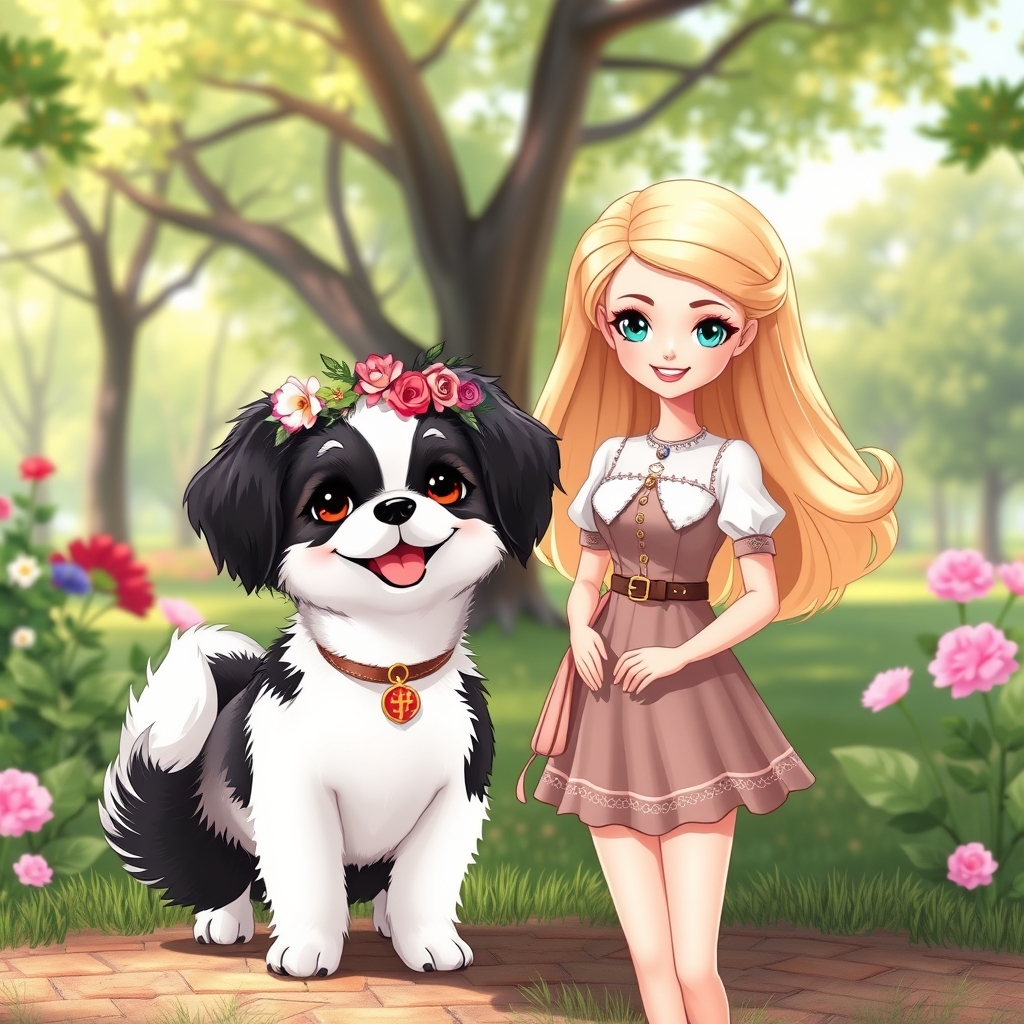 یک عکس فانتزی زیبای خیلی کیوت و ناز از یک سگ شیتزو_اشپیتز ماده با لبخندی زیبا و مهربان به رنگ سفید مشکی که یک تاج گل زیبا بر سر دارد و در یک پارک خاص و خیلی زیبا در کنار صاحبش باربی زیبا با بلوز و دامن و موهای طلایی انها با هم دوست هستند، سگهای در انیمیشن باربی
8