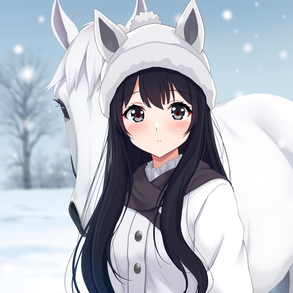 یک دختر زیبا با لباسهای سفید موهای بلند چشمهای مشکی کلاه زمستونی سفید کنار یک اسب سفید با پس زمینه برفی17