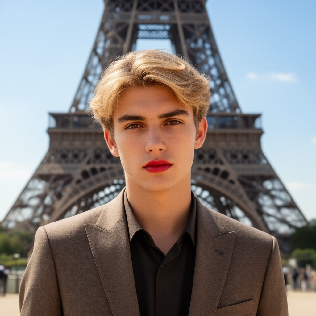 یک پسر ۱۸ ساله با چشمانی آهویی رنگ چشم قهوه ای 
با موهای بلوند نرم و لب های او مایل به قرمز 
لباس های او کت و شلوار و کنار برج ایفل ایستاده باشد0