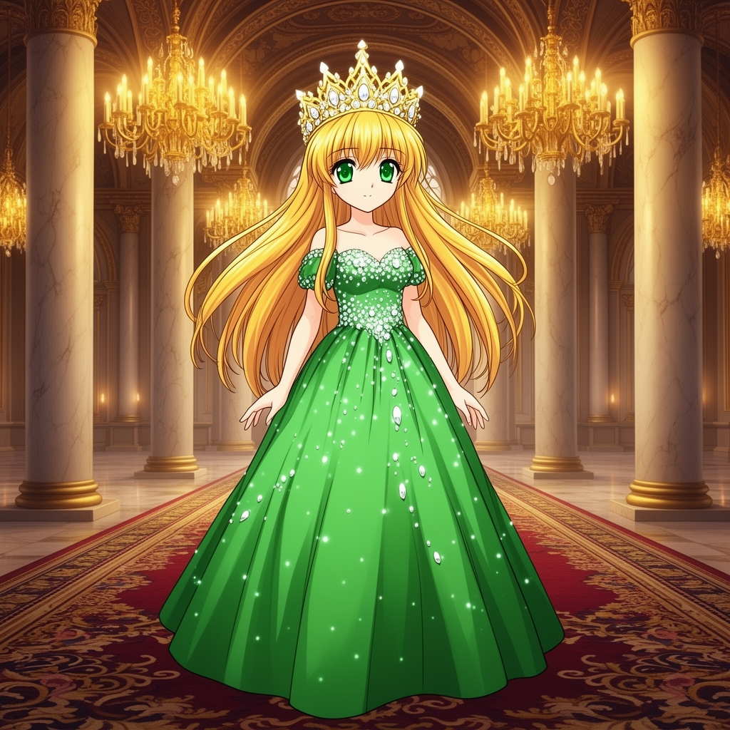 یک دختر با موهای طلای و چشمان سبز بایک لباس سبز که رویش نگین های سفید دارد و یک تاج طلای که رویش نگین های سفید دارد در قصر بز گ و باشکوه15