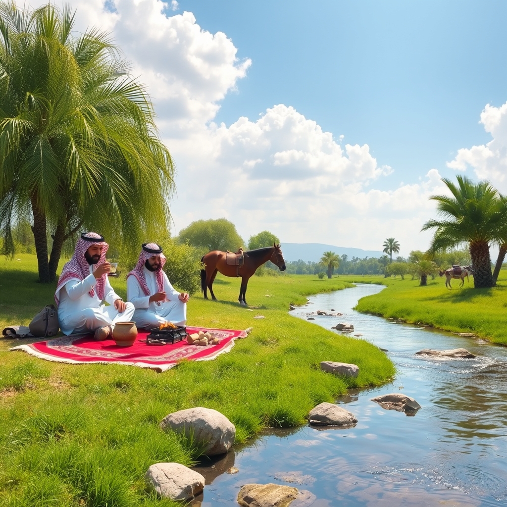  فضای سبز چمنزار و رودخانه اب صاف و سنگی و یک اسب در وسط رودخانه درحال خوردن اب کنار اب نخل وخرما  سمت چپ دو مرد عربستانی با لباس عربی  سفید و چفیه قرمز روی فرش عربی قرمز نشستن اتش روشن کردن یکی چای میخوره و دومی درحال درست کردن قهوه با اسمون ابی روشن و ابرهای سفید 2