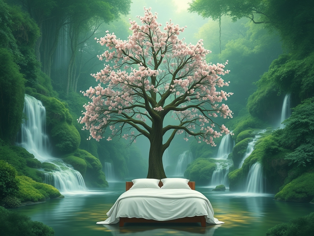 جنگلی سبز دورادور آبشارها روان اند به داخل رودی یا برکه می ریزند وسط رود یا برکه یک درخت بزرگ پرشکوفه صورتی قرار دارد
زیر درخت تخت سفید و ساده دخترانه11