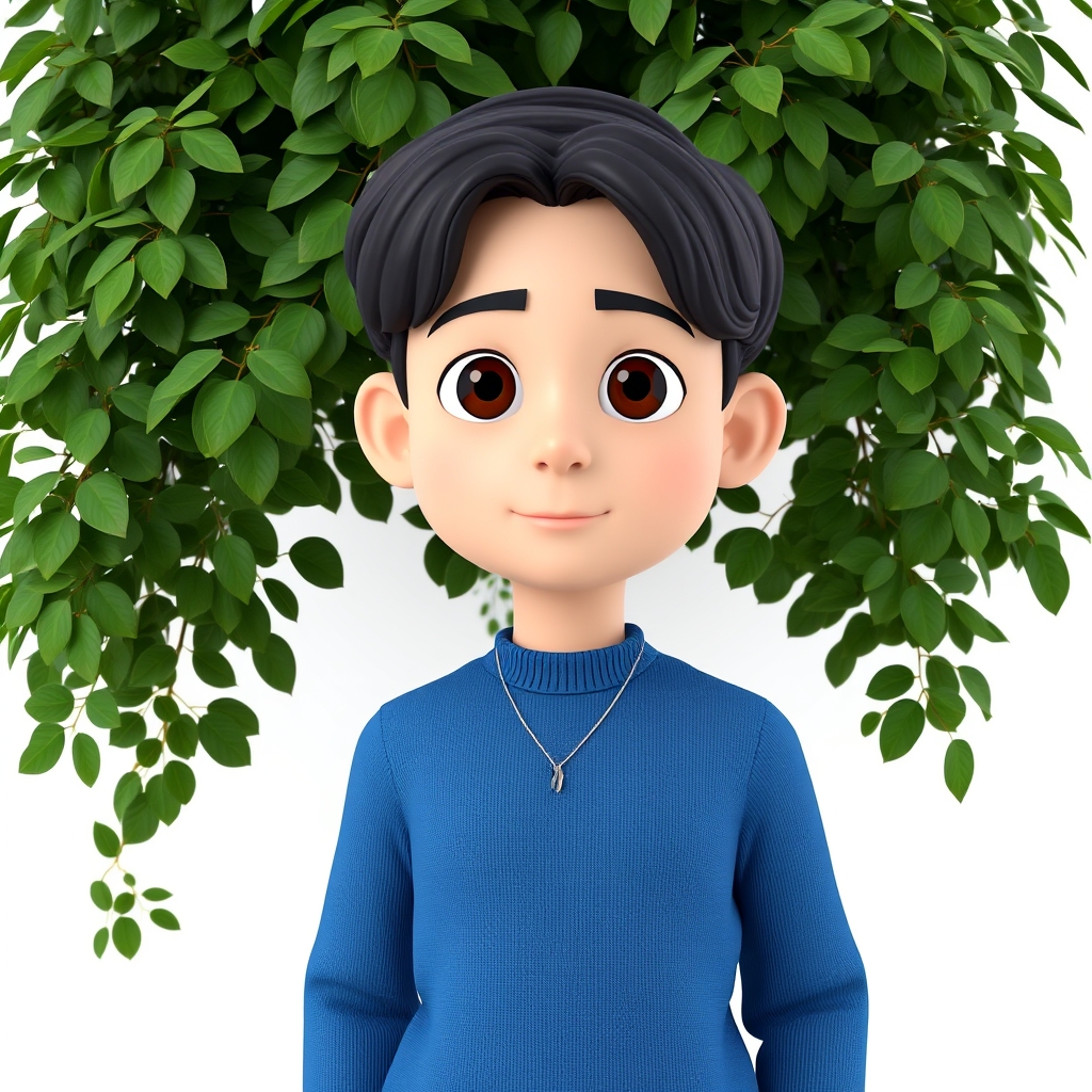 The image shows a person wearing a blue sweater and a necklace, standing in front of a green plant against a white background. The person has dark hair and is looking directly at the camera.4