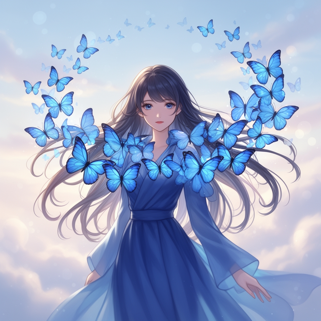 انیمه دختر زیبا با موها و لباس آبی و پروانه های آبی اطرافش
1