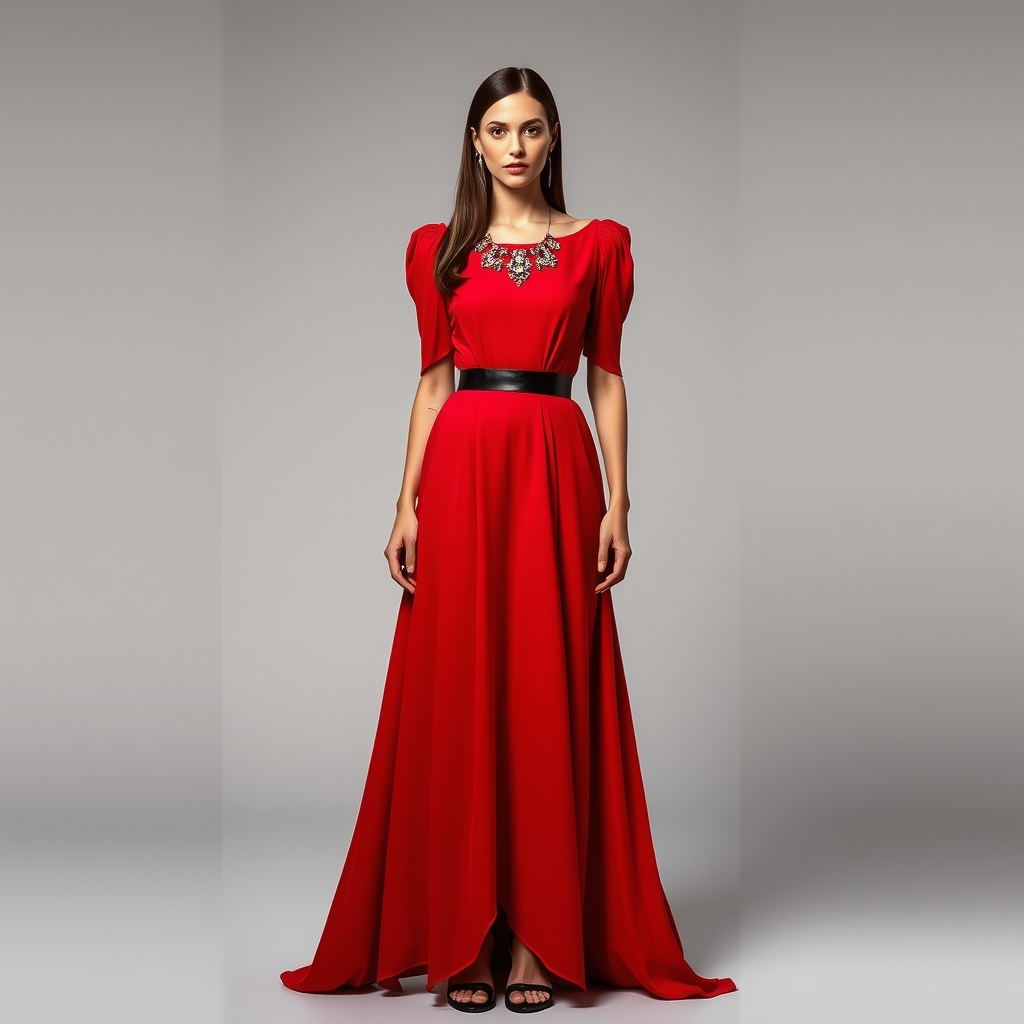 عکس یه زن بکش که لباس قرمز  بلند تا مچ پاش و
کمرش جذب باشه یکم،کمربند مشکی براق داشته باشه،آستین هاش هم زیاد تنگ نباشه
زن لاغر باشه،قدی باشه عکس،آستین مدل angel باشه،یقه اش هم به صورت قایقی باز باشه و دور کل یقه جواهر کاری جذاب شده باشه .عکس با کیفیت باشه،کل مدل معلوم باشه و مانکن یه زن جذاب باسه و صاف ایستاده باشه و کفشش مدل ysl باشه و کیفیت عکس خیلی بالا باشه و گردنبند نداسته و جواهر دور یقه چسبیده باشه و پایین لباس گشاد و کلوش باشه ،موهای مانکن باز باشه و تا کمر مدل باشه اندازه موهاش جذاب باش7