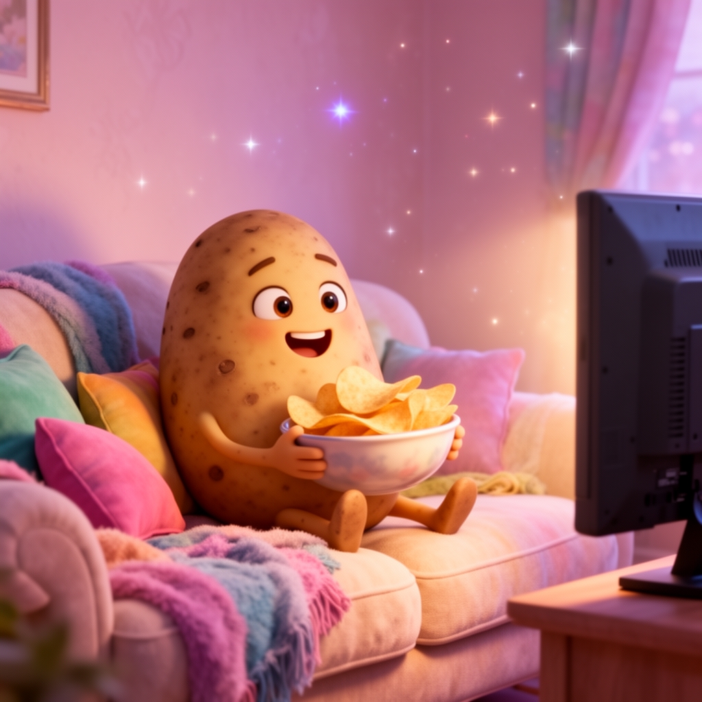 یک سیبزمینی که روی مبل نشسته و تلویزیون تماشا میکند و چیپس میخورد، مفهوم "Couch Potato"، سبک کارتونی سه بعدی.0
