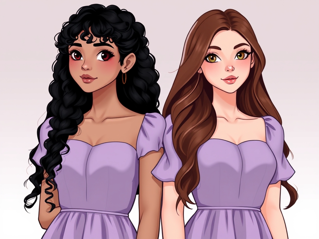 عکس دو دختر کنار هم، یکی با چشم های سیاه و موهای سیاه فر بلند و اون یکی با موهای موجی بلند قهوه ای و چشم های قهوه ای پر رنگ، هر دو لباس یاسی دارن و همو بقل کردن و اینکه پوست هر دوتاشون کاملا سفیده11