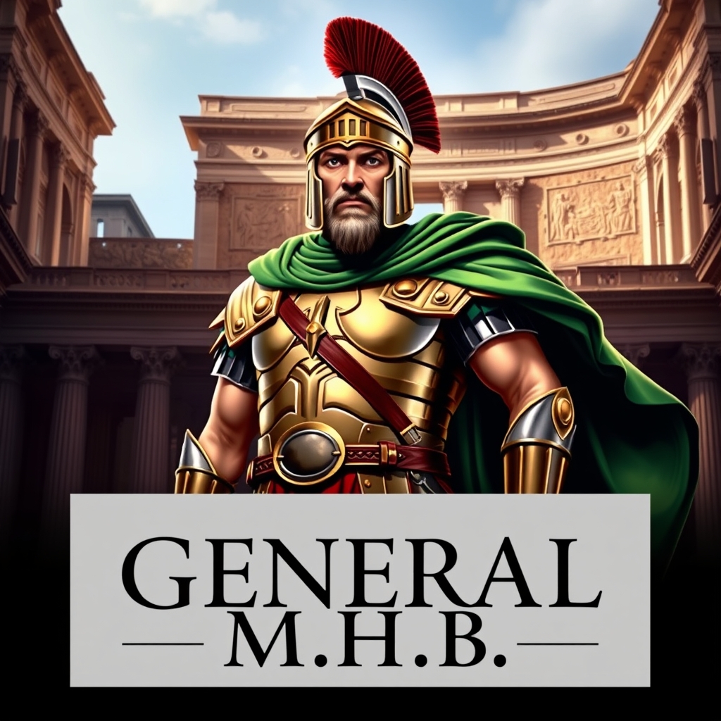 لوگوی یک جنرال زره کامل شنل بلند سبز روم باستان که زیرش
 GENERAL M.H.B نوشته شده باشه21