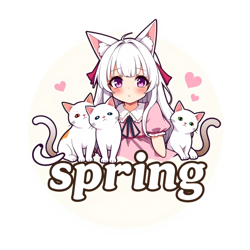 A logo of a girl with white hair and cat ears and two cats wearing a pink dress and leaning on the word spring0
