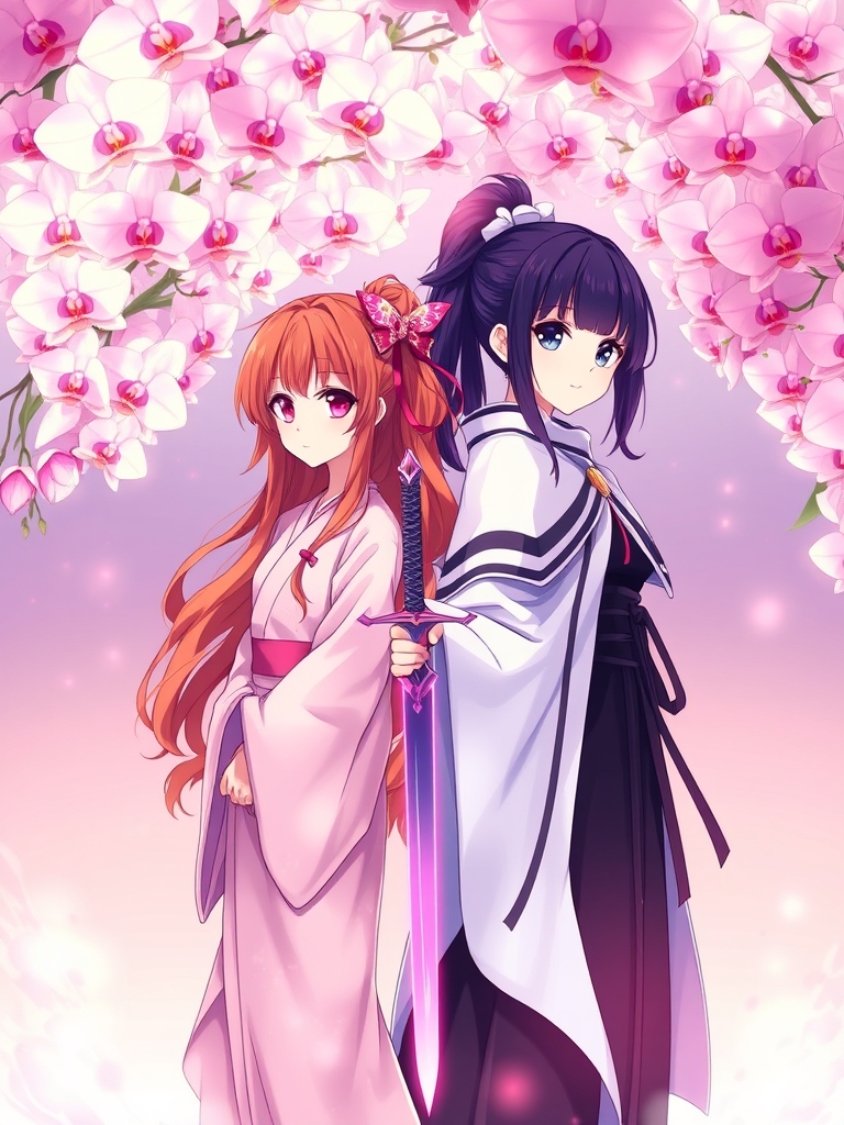 نزوکو یک دختر نیمه شیطانی که چشمای صورتی داره با موهای بلند و تاب دار قهوه ای که ته موهایش نارنجی است و لباس ژاپنی صورتی پوشیده وشینوبو یک دختر با چشمای بنفش موهایی بنفشه تیره که دم اسبی با کش 🦋 بسته شده و لباس رزم ژاپنی سیاه پوشیده از روی آن شنل سفید با رگه های سیاه و ته شنلش بنفشه و شمشیر بنفش در دست دارد زیر درخت های ارکیده زیبا باشد و رویایی2