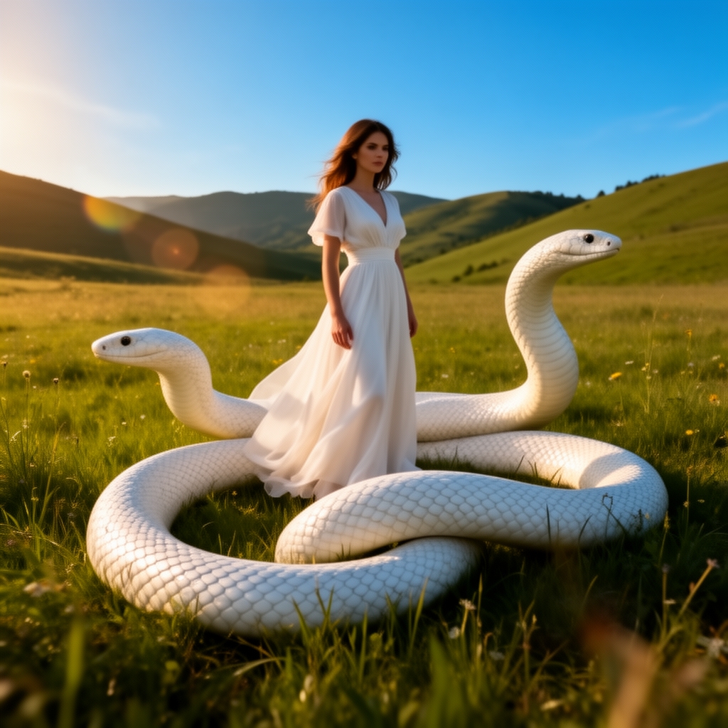 بلکا با لباس سفید در میان چمن زار با یک مار بزرگ سفید5