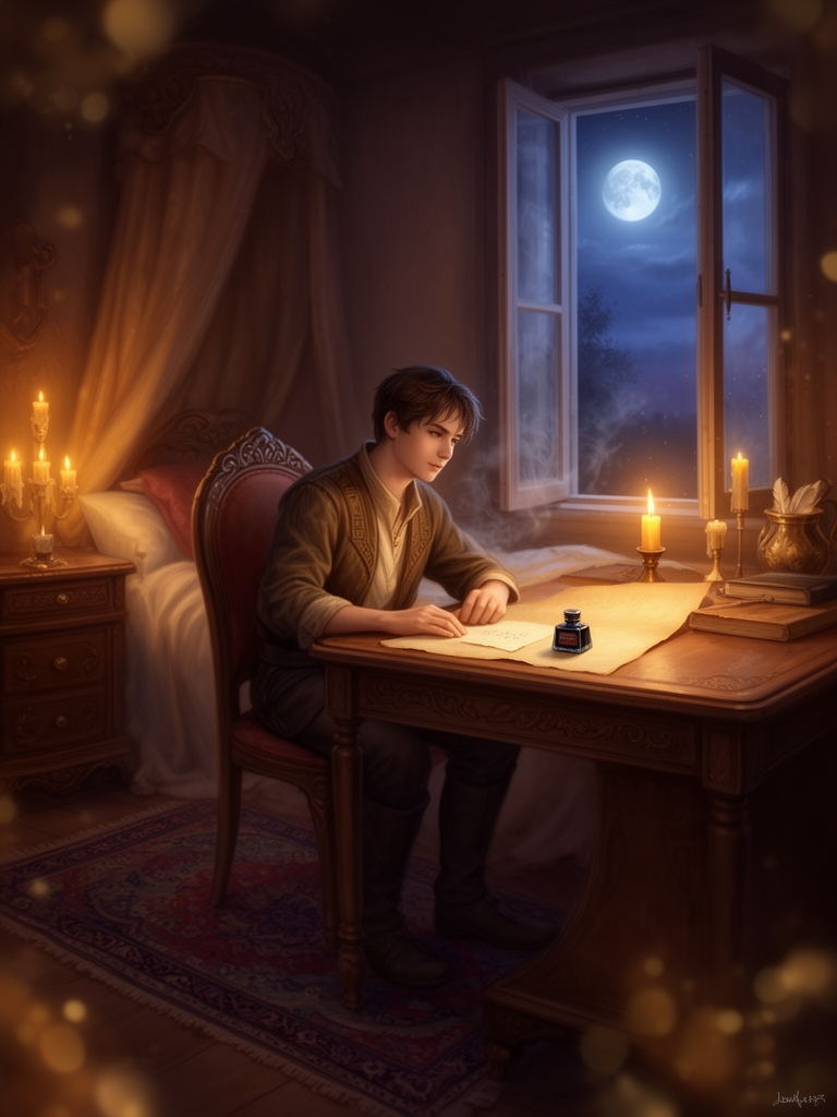 اتاقی آرام، نورِ شمع روی چهرهی پسری جوان ۲۰ ساله میرقصه، کاغذی نیمهنوشته روی میز، و بوی جوهر تازه در هوا… این دقیقاً جاییه که عشق هنوز نوشته میشه، نه گفته 🌹
حالا من برات اول عکس رو با هوش مصنوعی خلق میکنم — بعد از اون، با الهام از تصویر، یه نامهی عاشقانه مینویسم؛ همون نامهای که انگار اون پسر توی عکس داره مینویسه ۶0