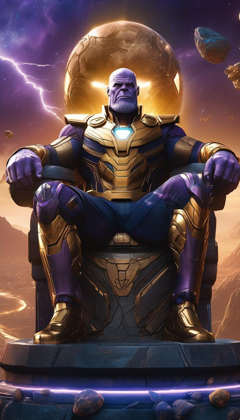 تانوسی  که لباس مرد آهنی را پوشیده  روی تخت پادشاهی خود نشسته و دراسمان رعدو برق میزند و اسمان خیلی پرستاره است و سنگ های ابدیت را در دست خود گرفته و در پشت کلی سیاره دیده میشود  و چشمان تانوس خیلی  برق  میزنند جزئیات خیلی زیاد کیفیت خیلی زیاد با طرح سایبر پانک11