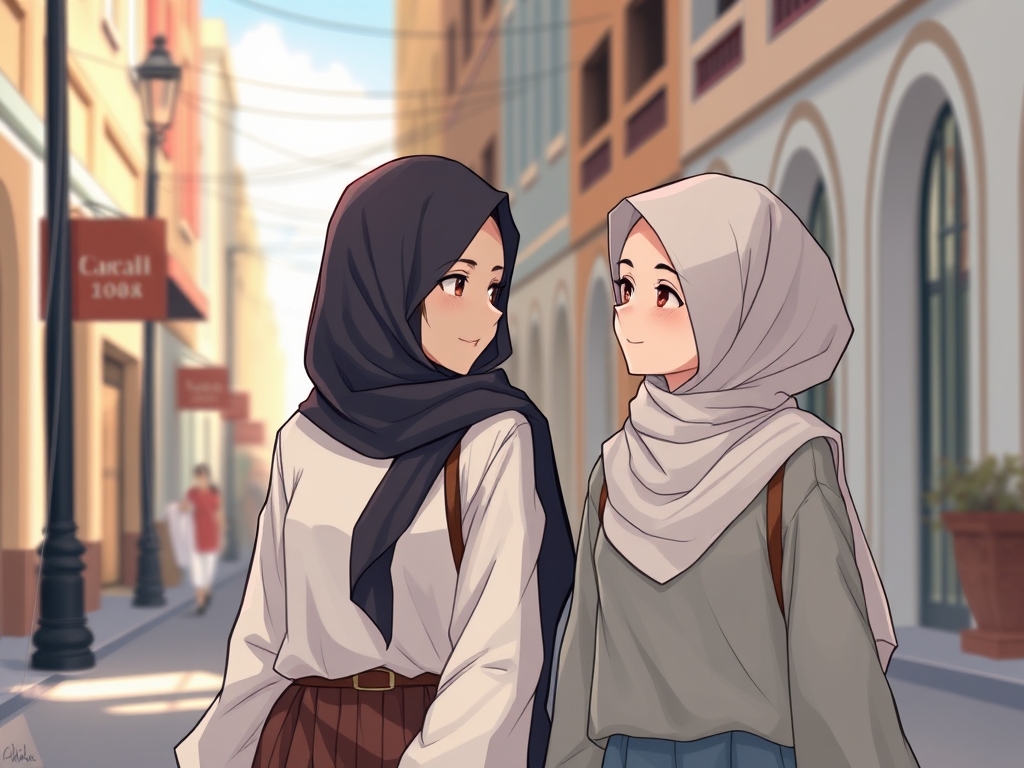 دوتا دختر که در خیابان دارند قدم میزنند و به هم لبخند میزنند و موهایشان پوشیده و حجاب دارند2