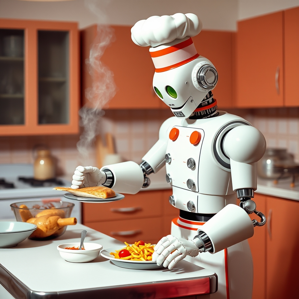 یک سرآشپز رباتی قدیمی در حال تهیه غذا در آشپزخانه‌ای به سبک دهه ۱۹۵۰.8