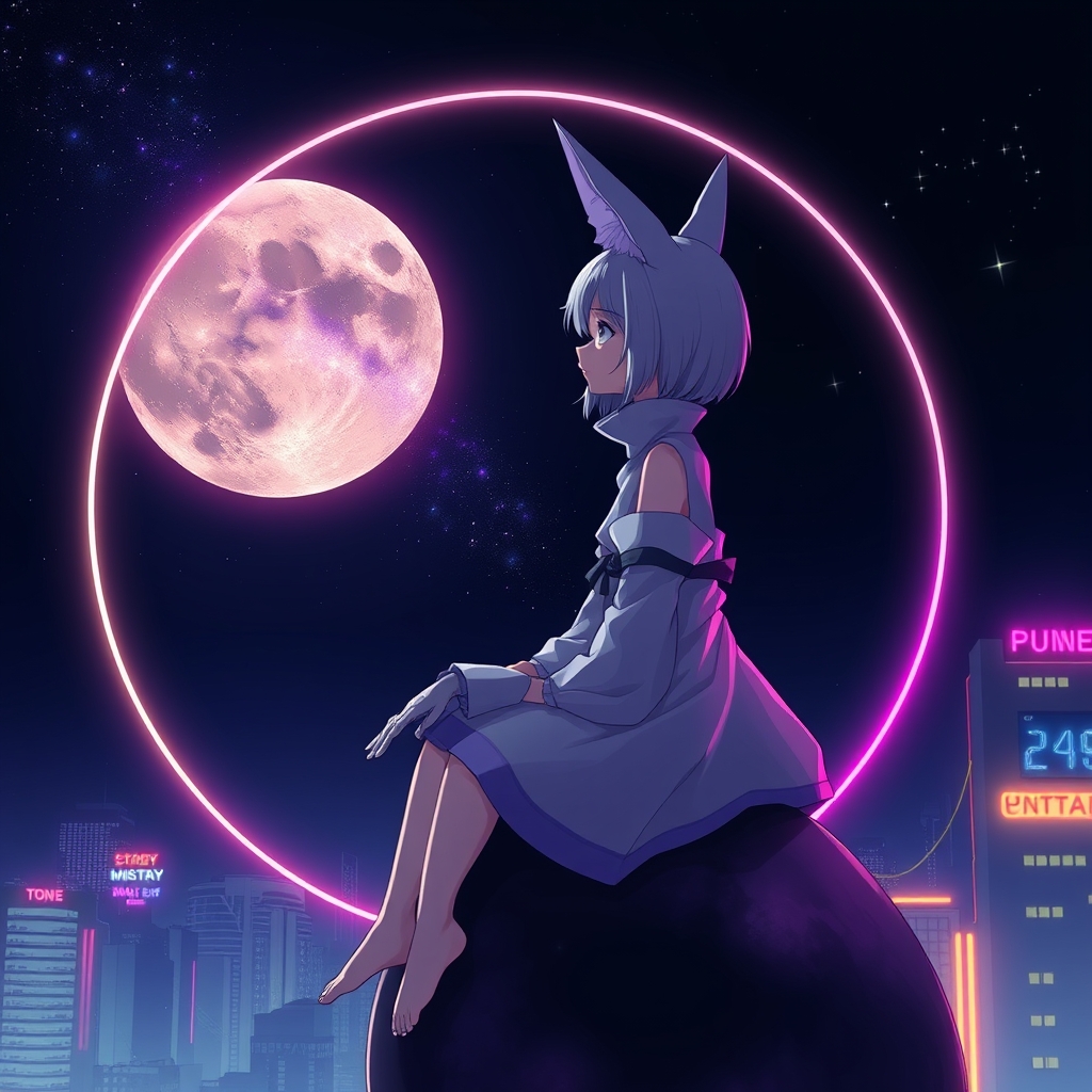 عکس یک دختر با گوش های روباه در تاریکی تنهایی شب روی حلال ماه نشسته و به کهکشان ها خیره شده انیمه ای باشه5