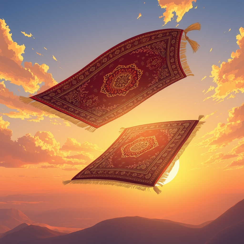 یک قالی ایرانی که به یک قالی پرنده جادویی تبدیل می‌شود، در آسمان غروب طلایی.11
