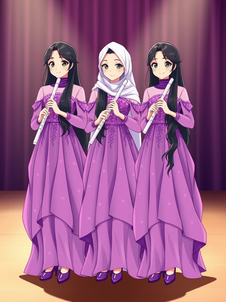 سه قلوهای موزیسین،زهرا،فاطمه،زینب سه خواهر سه قلو و شبیه هم هستند و هر سه لباس‌های بنفش و اکلیلی و براق و دامن‌دار و پف پفی مانند پرنسس ها پوشیده اند و هر سه تاشون موهای خیلی بلند و مشکی‌ دارند و لبخندی ملایم دارند و پشت سرشان استیج است و دست هر سه تاشون فلوت سفید است و هر سه تاشون ایستاده اند و کفش های بنفش و براق دارند2