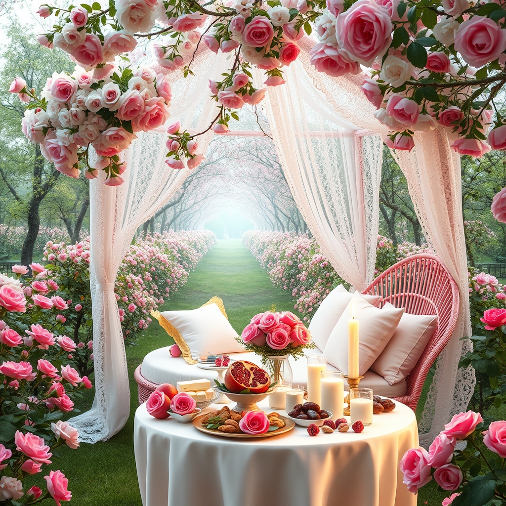 در صبح بهاری بارانی باغ گل رز صورتی در احاطه درختان پر شکوفه زیر تونل بلند از گل های رز صورتی و سرخ یک خیمه توری گل بهی سفید و صورتی با تخت گرد صورتی با کوسن های سفید پر از گل های رز صورتی و میز کوچک سفید با تزیین شمع و رز صورتی نان کره خامه عسل میوه انار انگور سیب شیر شیر برنج گردو خرما
2