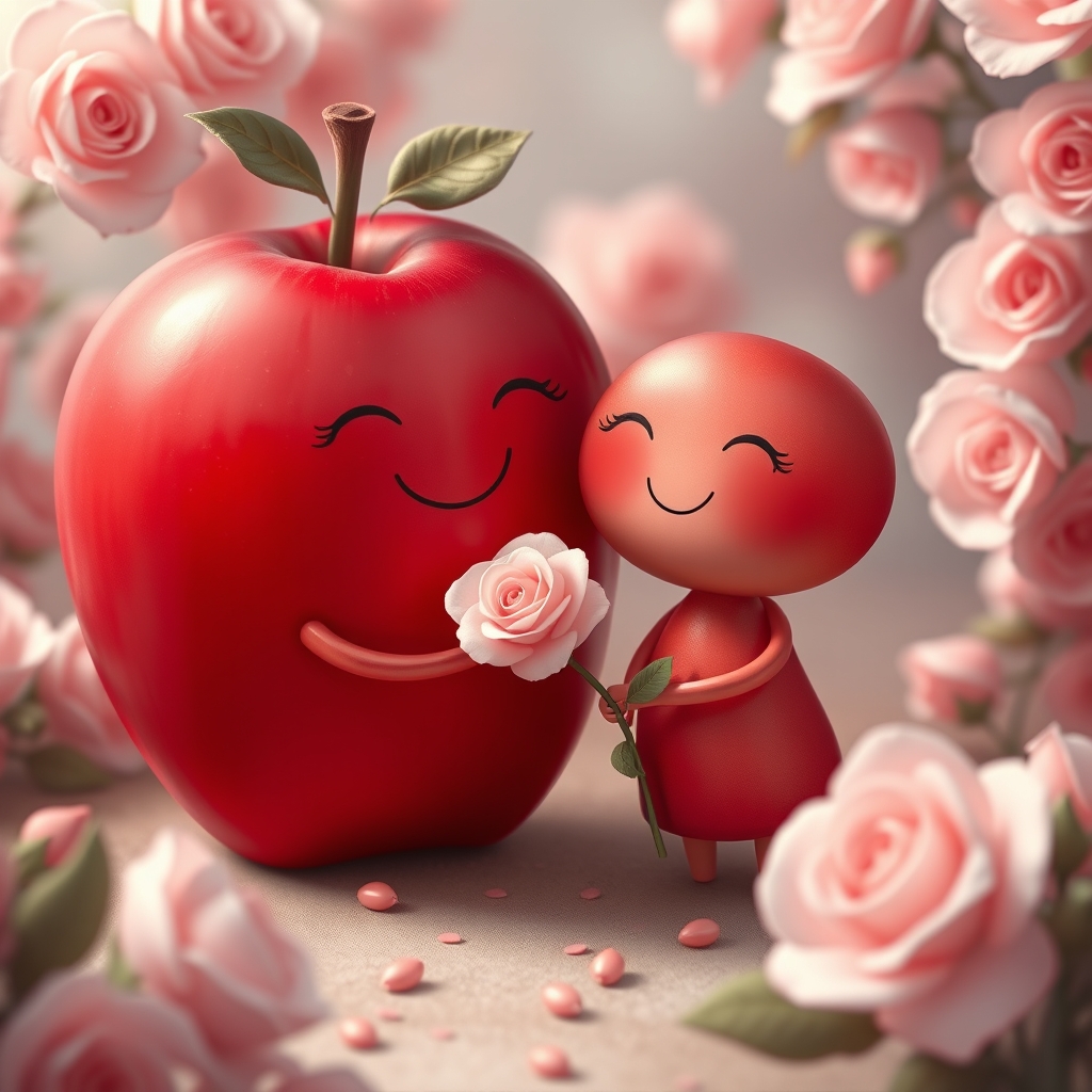 دو سبب تکثیر شده زیبا و قرمز با گونه های سرخ ، که یکی کمی بزرگ تر از آن یکی است و با گل رز زیبا از سیب رو به رویش که کمی ازش کوچیکتر است خواستگاری می‌کند ، هر دو لبخند زیبایی بر لب دارند ، مکان رویایی و رمانتیک است و وایب هم گل های ظریف رز صورتی و زیبا هستند3