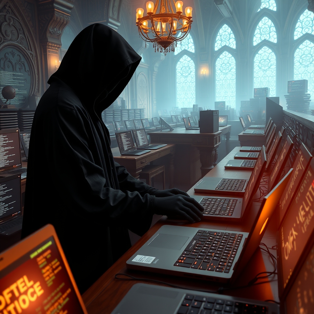 عکس یک هکر خیلی خوب که دارد در یک خانه بزرگ که روی میزهایش پر از لپتاپ است کار میکند و پشت سرش هم پر از لپ تاپ است که دارد کسی را هک میکند و صورت هکر دیده نشود و دستکش داشته باشد و لباس مشکی پوشیده باشد و با بهترین لپ تاپها کار میکند و صفحه لپ تاپ به سمت خود هکر باشد8