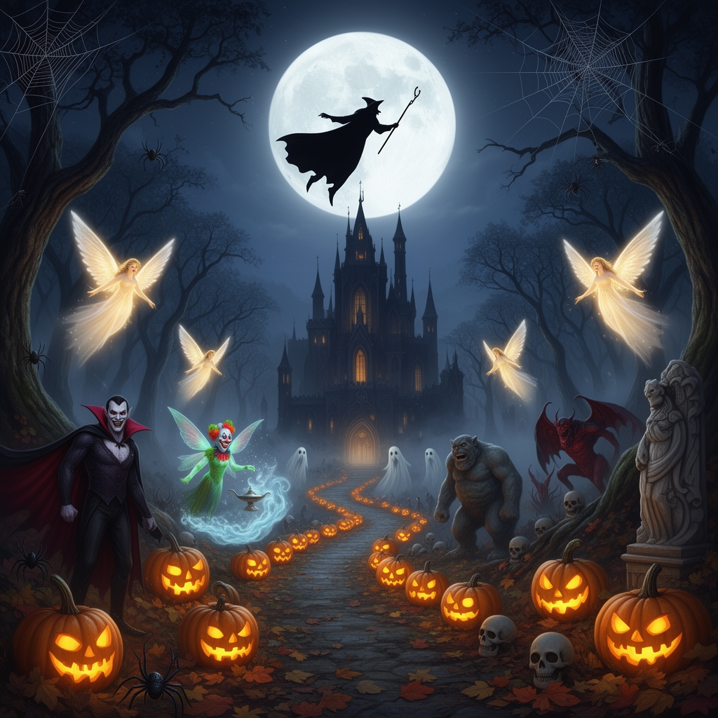 عکس یک جنگل که شب است ویک راه دارد که به یک قلعه‌ی ترسناک ختم میشود.در کنار این راه پر از کدوم تنبل های هالووینی است که فضا را روشن کرده.یک جادو گر با چوب دستیش در آسمان شب پرواز میکند و جلوی ماه است می‌خوام انگار مثل سایه باشه  سیاه روی سفیدی ماه.در پایین روی زمین هم پر از فرشته است که بال های نورانی دارند.در آنجا یک🧛🏻و🧚🏻🧞🤡👻💀💀💀💀👹👺☠️😶‍🌫️🫥🍂🍁🕸️🕸️🕷️🕷️🍗🗿🎃🎃🎭🩻🧪🗡️🗝️است5