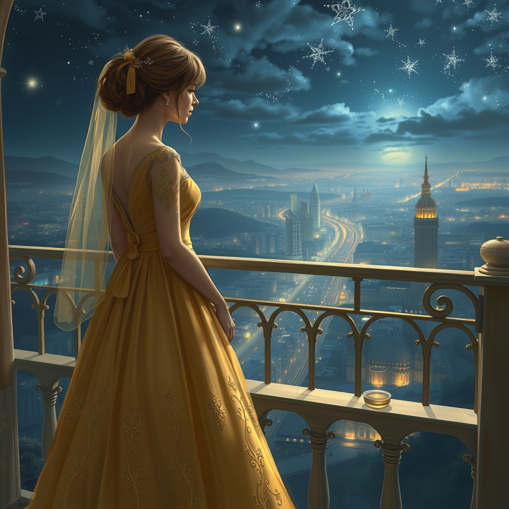 دختری در لب تراس در زیر آسمان شب روبروی شهر با لباس عروس طلایی23