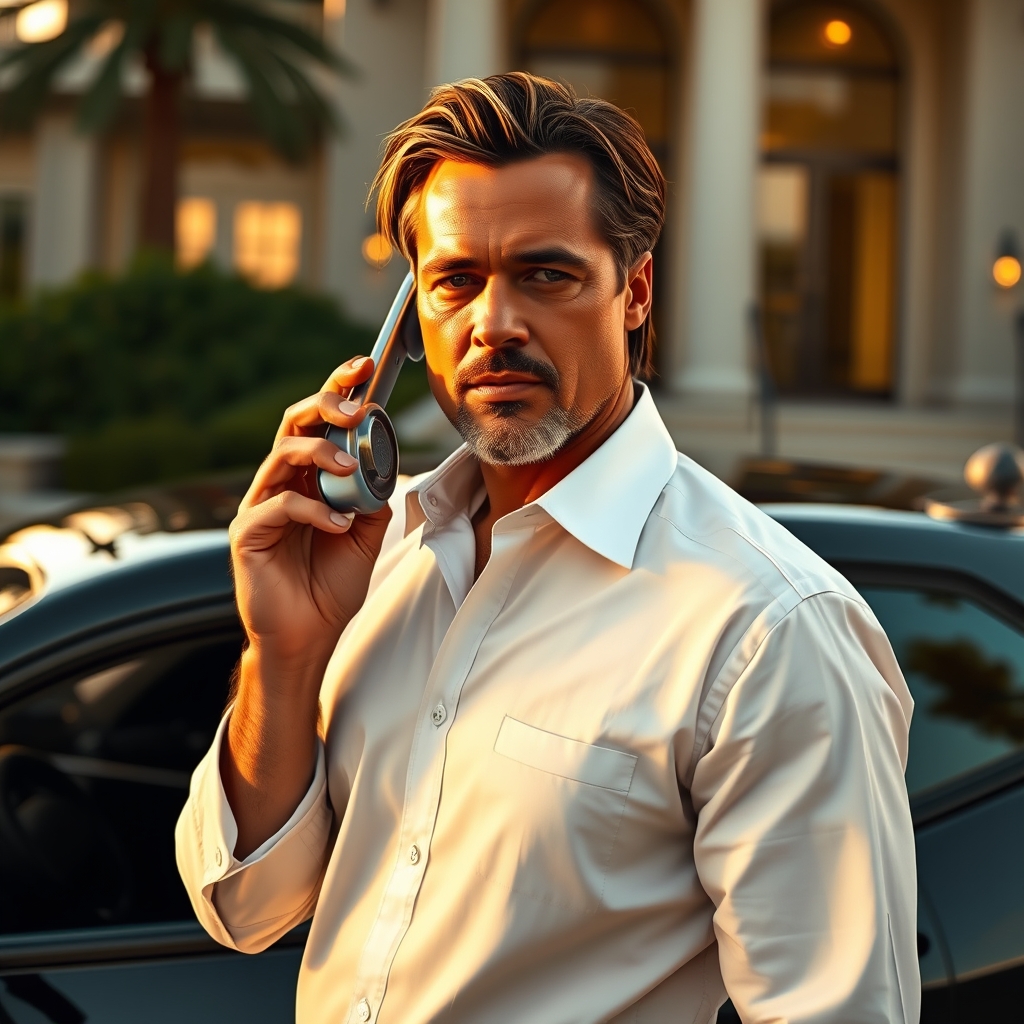 برد پیت در کنار یک دوج چلنجر و یک ویلای به شدت شیک گوشیش زنگ می‌زنه و روی گوشیش نوشته 
ایلیا ناطق  معلوم باشه 5