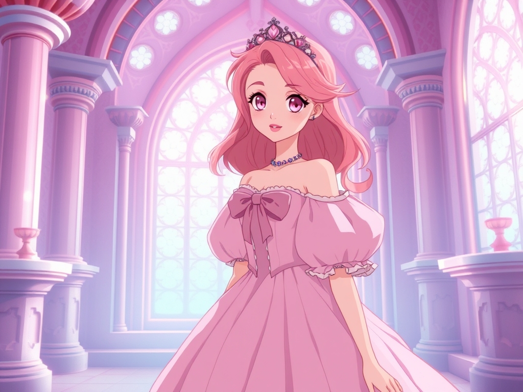 یک ملکه دریایی با لباس صورتی پف پفی وچشمانی صورتی و موهای صورتی در قصر زیبا و صورتی 8