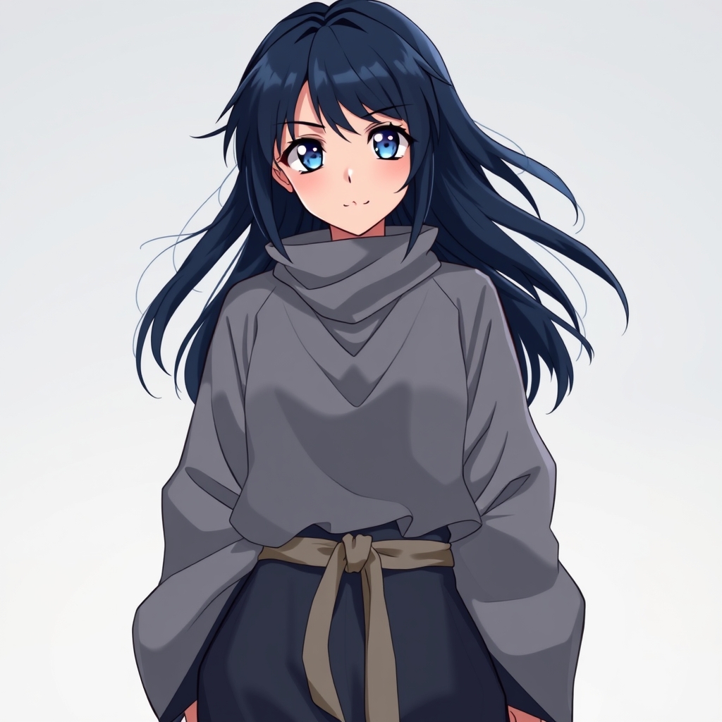 یه دختر با موهای آبیه مایل به سیاه با چشمایی به رنگ آبی آسمونی که لباسی که شبیه به نینجا است را دارد 7