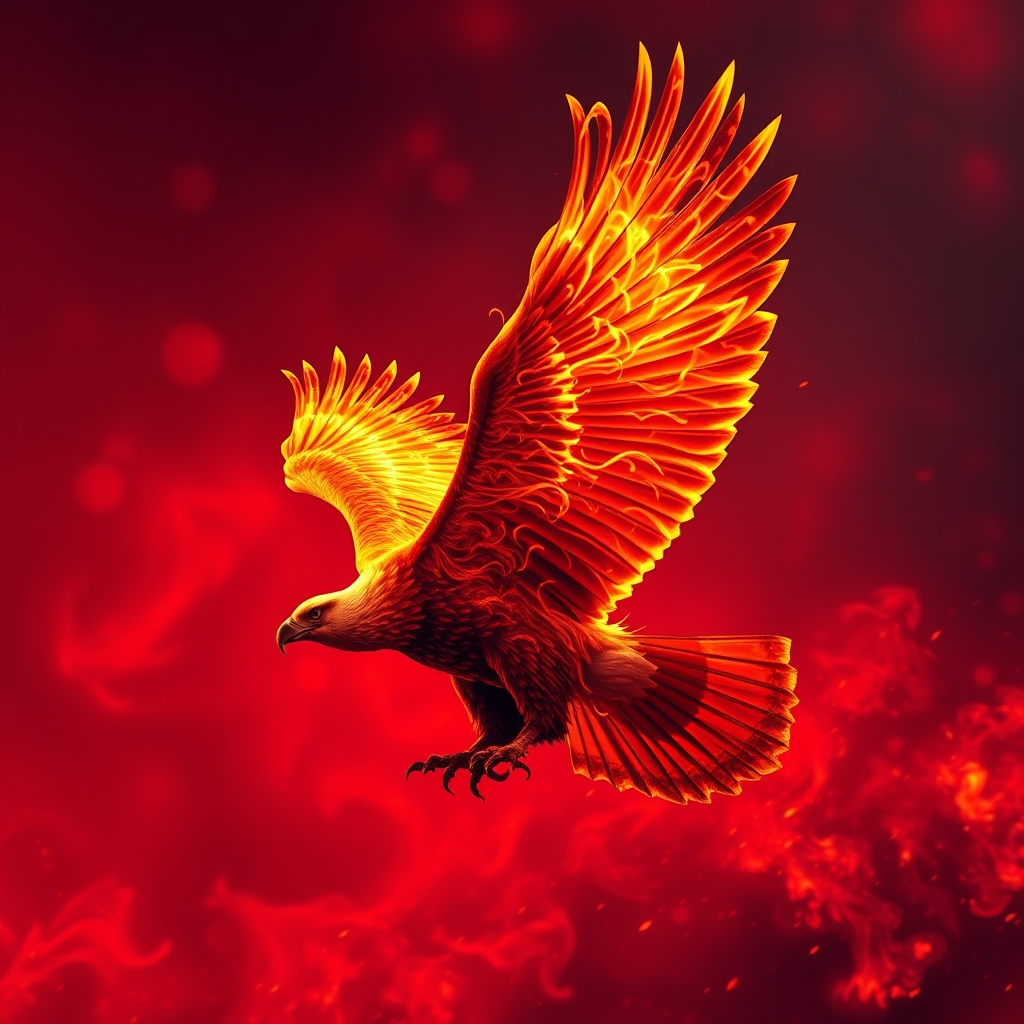 یک عقاب باشکوه با پرهایی از جنس آتش، در حال پرواز در آسمان قرمز نمایشی.19