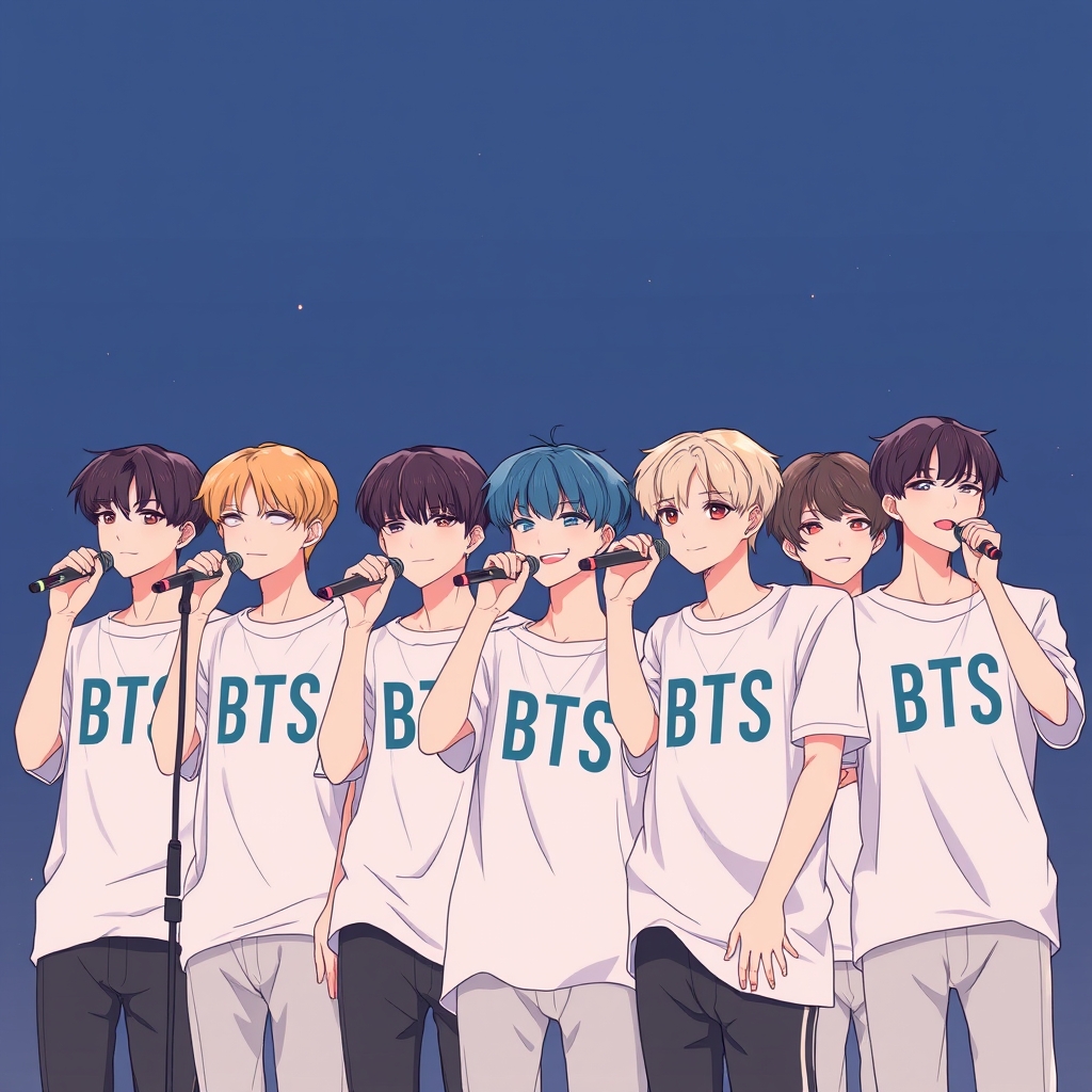 عکس ۷ تا پسر که میکروفون در دست دارن و روی لباسشان بی تی اس نوشته شده 
1