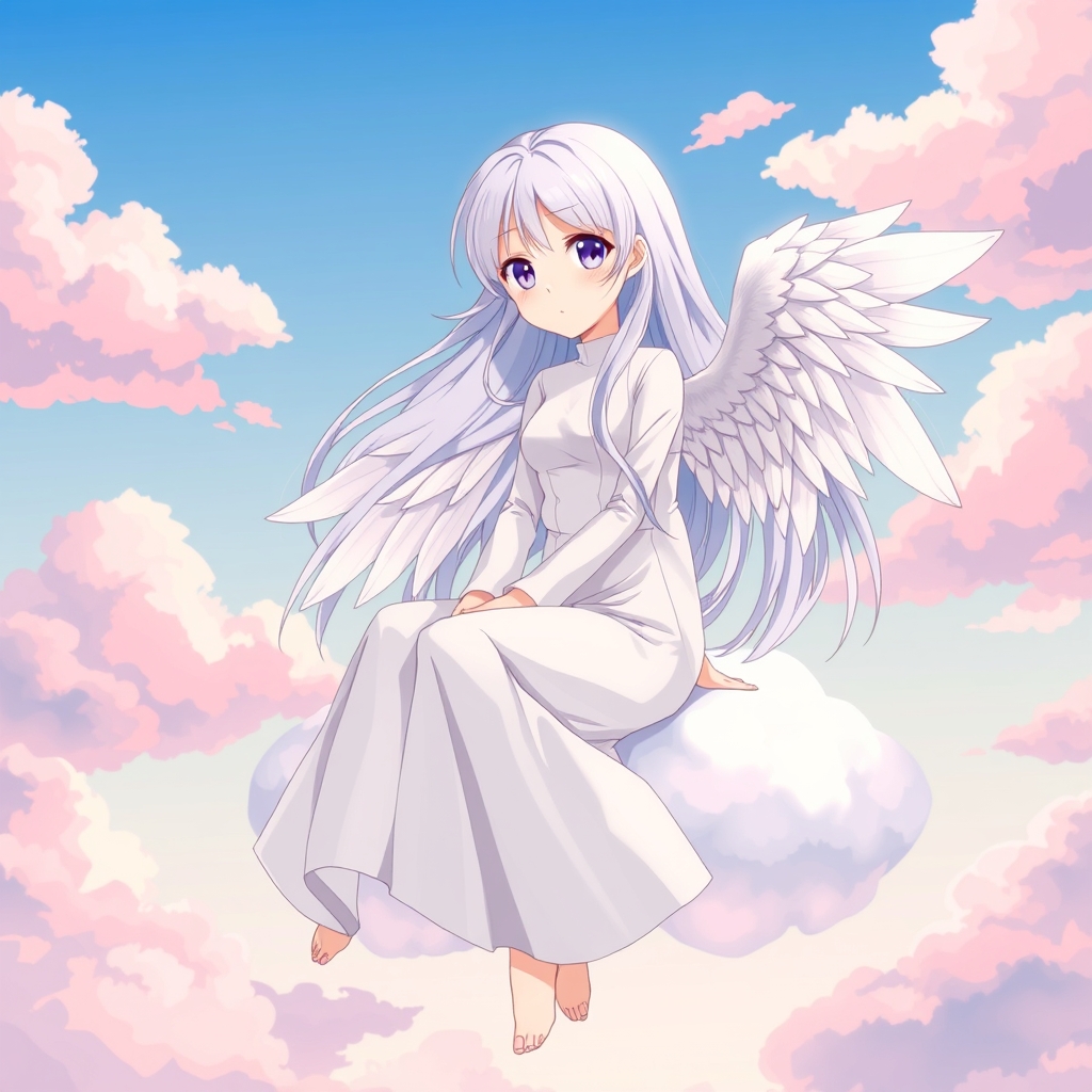 دختری زیبا و جوان با موهای نقره ای و بلند که در روی ابری در آسمان نشسته و بال های سفیدی دارد9