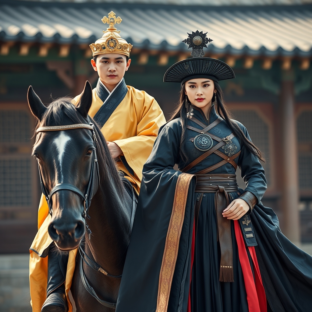 ولیعهد کره با لباس طلایی جوان سوار بر اسب با لباس کره ای در حالی که زنی جنگجو کره ای زیبا که لباس های بلند پارچه ای سیاه پوشیده و ماسک چرمی دارد و کلاه چینی سیاه روی سرش است کنارش ایستاده19