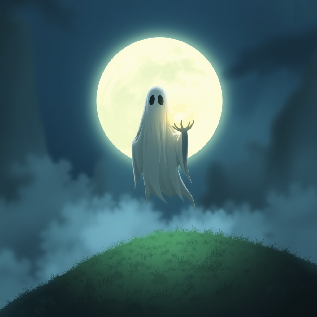 یک شبح مرموز از فردی که یک کره درخشان در دست دارد، ایستاده روی تپهای مهآلود.5