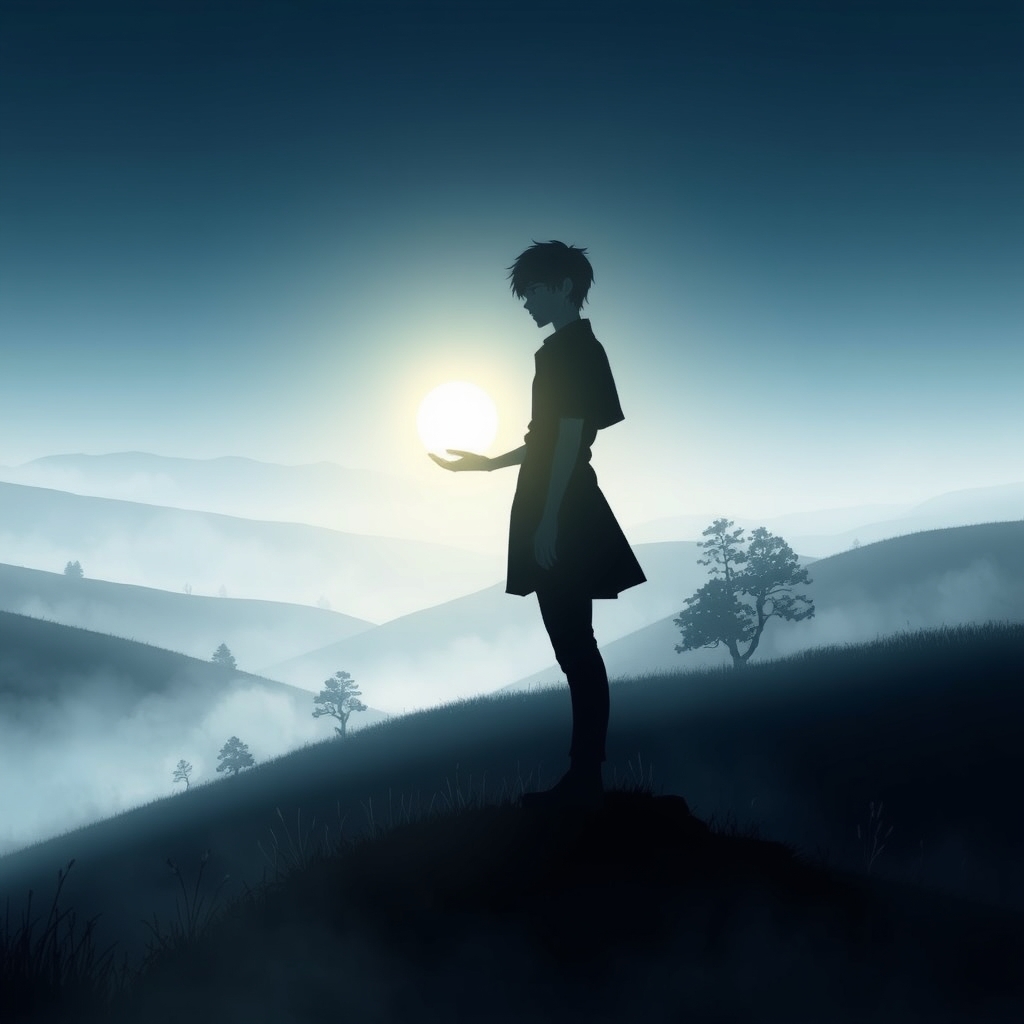 یک شبح مرموز از فردی که یک کره درخشان در دست دارد، ایستاده روی تپهای مهآلود.6