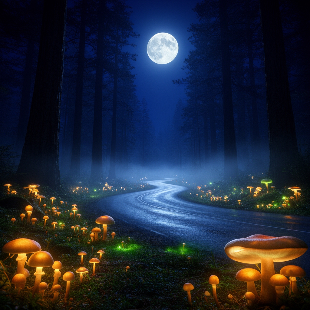 عكس از يه راه با درختاى بلند با قارچاى كوچيك و بزرگ شب رنگ 1