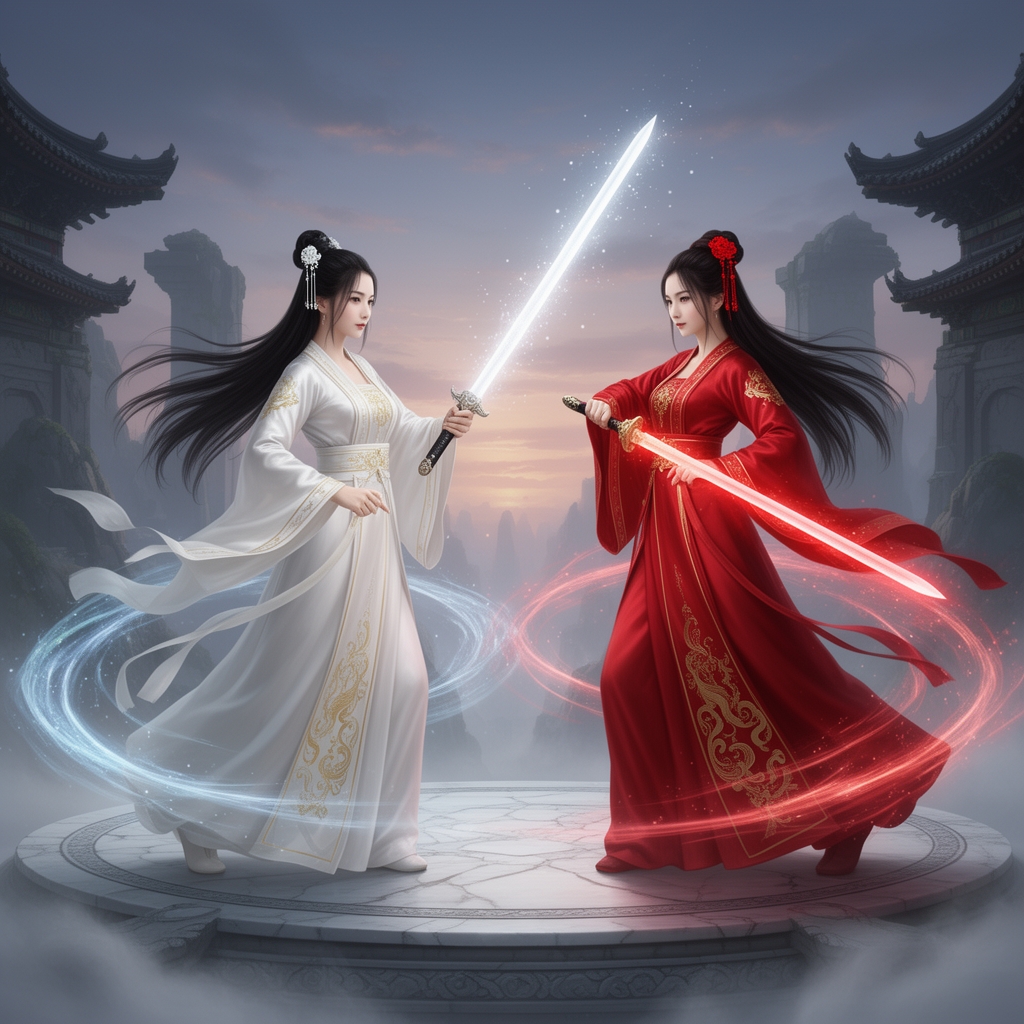یک زن جوان و زیبا چینی با لباس چینی حریری سفید و نمادهای طلایی و موهای مشکی بلند و بسته شده و یک سنجاق سر سفید به مو هاش زده باشد و در دست یک شمشیر سفید نورانی باشد  و یک زن جوان و زیبا چینی دیگر  در کنار او با لباس  چینی حریری  قرمز و نمادهای طلایی و موهای مشکی بلند بسته شده و یک سنجاق سر قرمز به موهاش زده باشد و در دست یک شمشیر قرمز  نورانی باشد در حال تمرین شمشیر زنی0