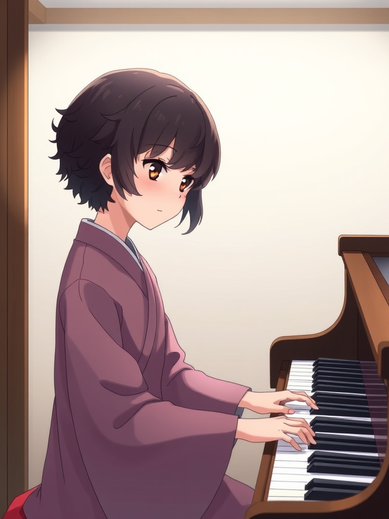 یک دختر با موهای کوتاه پسرونه فرفری قهوهای سوخته تیره تیره و چشمان قهوه ای تیره تیره تیره در حال پیانو نواختن با یک ست لی 21