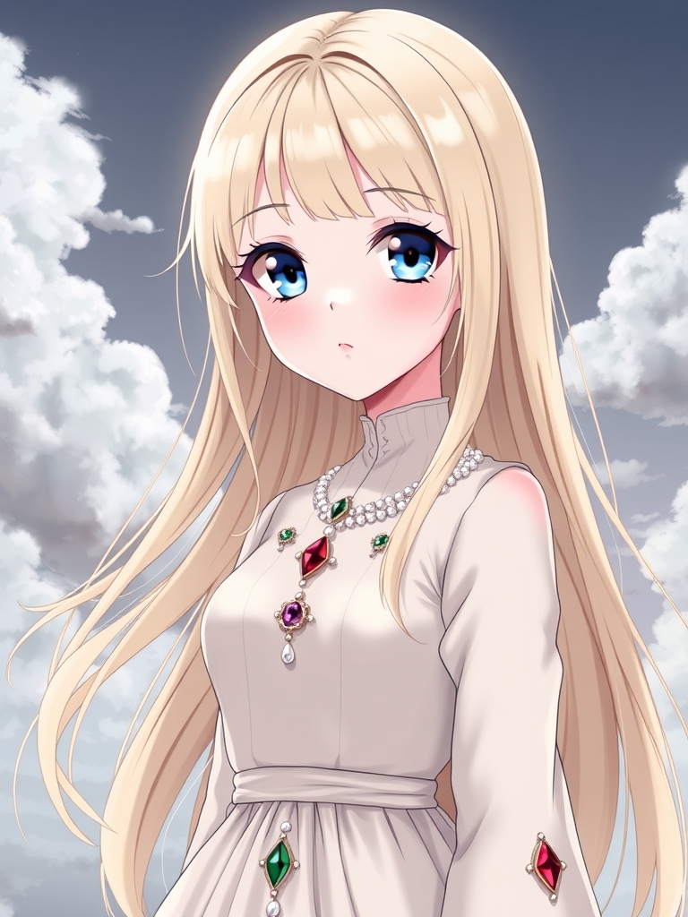 یک دختر زیبا با پوست سفید مثل برف،بینی کوچک،لب های گوشتی قرمز،چشمان درشت آبی و صورتی،مژه های بلند و صورت زاویه دار،با موهای بلند طلایی مایل به کرمی هم اندازه خودش که صافه و اطراف دخترک پریشان هست،جلوش چتریه،دختر در میان ابرهای خاکستری در آسمان هست،یه لباس کرمی زیبا هم به تن داره که کمرش جذبه و یقه اش به شکل عدد ۷ هست و با مروارید و یاقوت و زمرد تزئین شده16