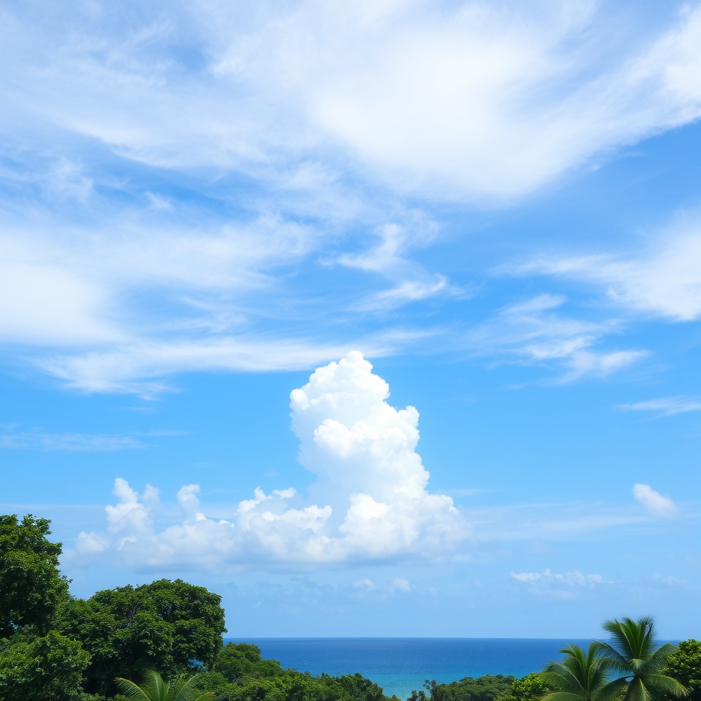 عکس دریا که بالاسر ان پر از ابر های زیبای سفید است و دور ان دریا پر از درختان سرسبز است 0